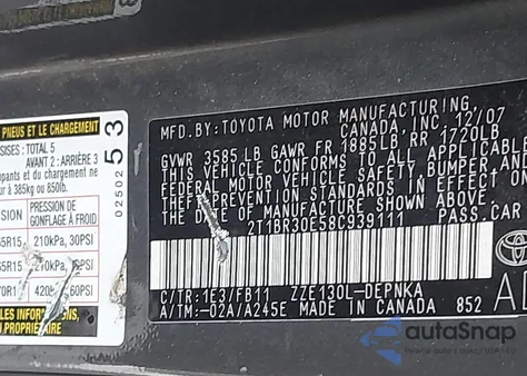 2008 Toyota Corolla Le из США, поврежденный, VIN 2T1BR30E58C939111